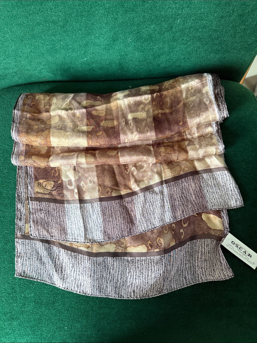 Vintage Oscar de la Renta Brown and Gold Animal Printed Silk Scarf